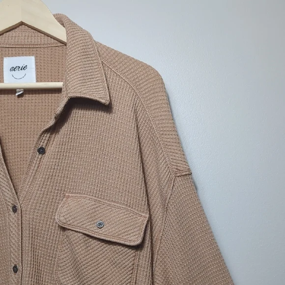 Aerie LumberJane Waffle Shirt Cappuccino Tan Button Up Oversized Relaxed XL - Picture 7 of 16